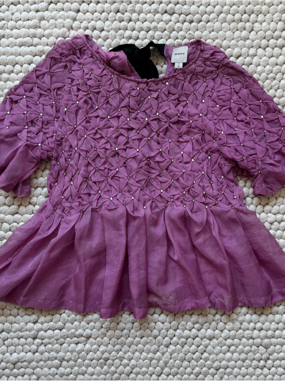 Anthropologie Maeve Pinkish Purple Sheer Smocked Peplum Top